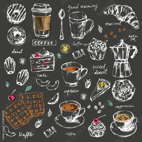 Hand drawn chalk sketch of pastry dessert cake, muffin, donuts, bakery sweet food and coffee