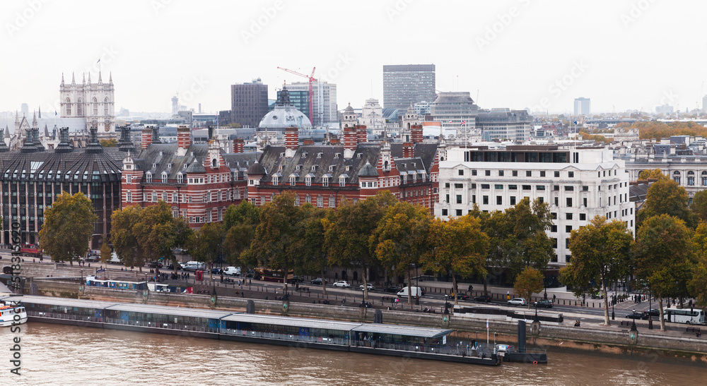 Aerial cityscape of London, Victoria Embankment view