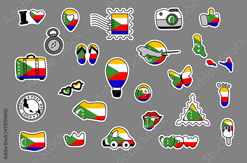Patriotic travel stickers set in colors of national flag on white background. Comoros