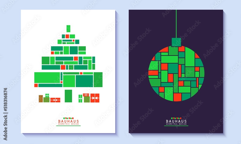 Set of Christmas posters in bauhaus style. Bright Christmas ball on black background and Christmas tree with mosaic grid pattern. New year cards in red and green colour geometric shapes, vector flyers