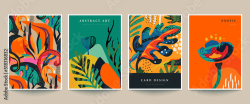 Set of four vector pre-made cards or posters in modern abstract style with nature motifs, flowers, leaves and hand drawn texture.