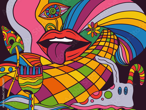 Vector retro colorful psychedelic poster in 1970s style