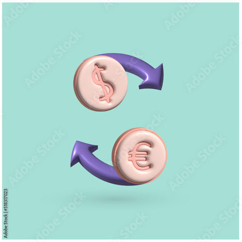  Money conversion. Dollar to euro icon concept. 3d illustration.