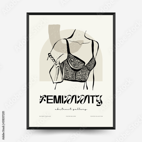 Abstract minimalist aesthetic womens with thin lines, floral patterns, plants, woman. Trendy colorful poster template. Vintage boho style.