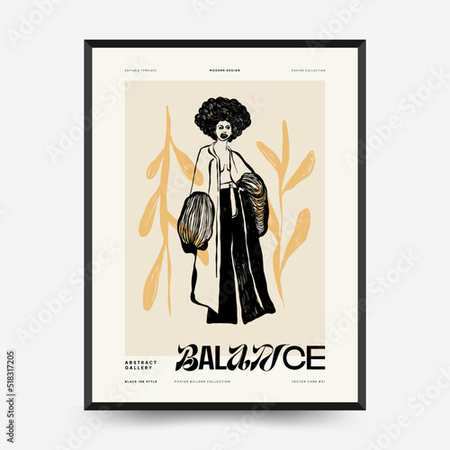 Abstract minimalist aesthetic womens with thin lines, floral patterns, plants, woman. Trendy colorful poster template. Vintage boho style.