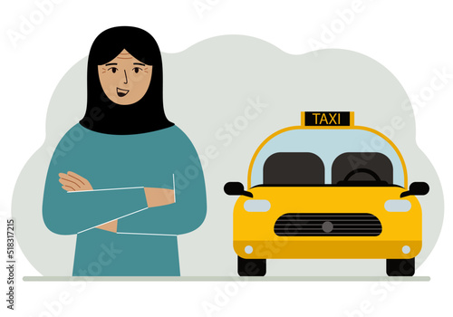 A muslim woman with his arms crossed near a yellow taxi car. Vector