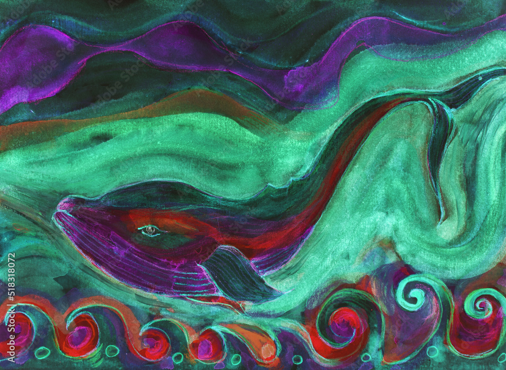 Whale in colorful ocean. The dabbing technique near the edges gives a soft focus effect due to the altered surface roughness of the paper.