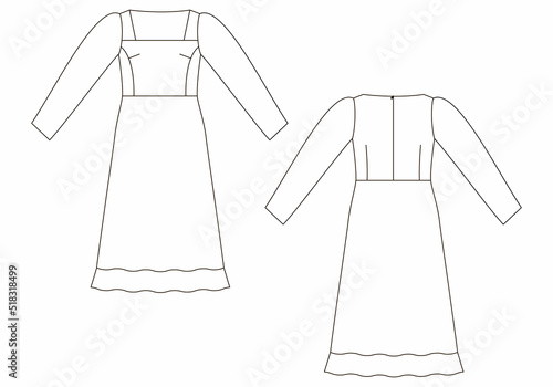 technical sketch of middle length dress. Back and front view
