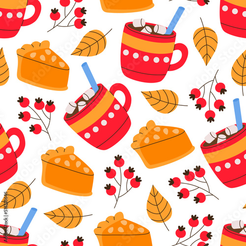 Hygge autumn seamless pattern with falling leaf, berries of rowan, pumpkin pie, marshmallow coffee. Rose hips. Cozy fall illustration. For wallpaper, web, greeting cards, fabric, textile, texture.