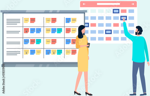 Business people planning schedule. Time management, tasks scheduling, work with calendar, reminder. Save time and money concept. Employees work to create weekly plan or timetable vector illustration
