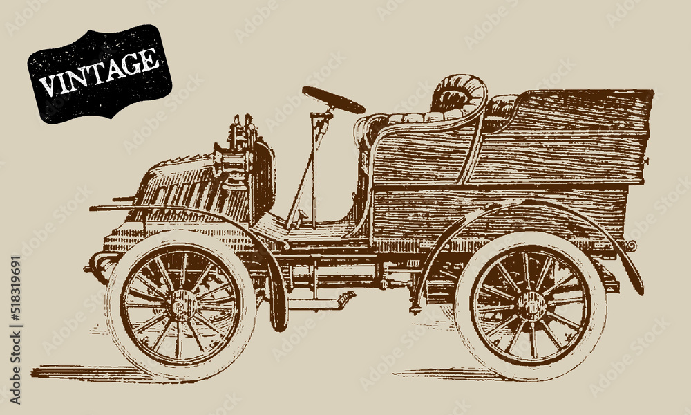 Vintage Car. Retro Vehicle. Hand Drawn Vector Line. Engraving Illustration. Engraved Art. Classic Auto. American Motor. Black Ink Line. Voyage, Trip, Traveling, Adventure Concept. Invention Machine.