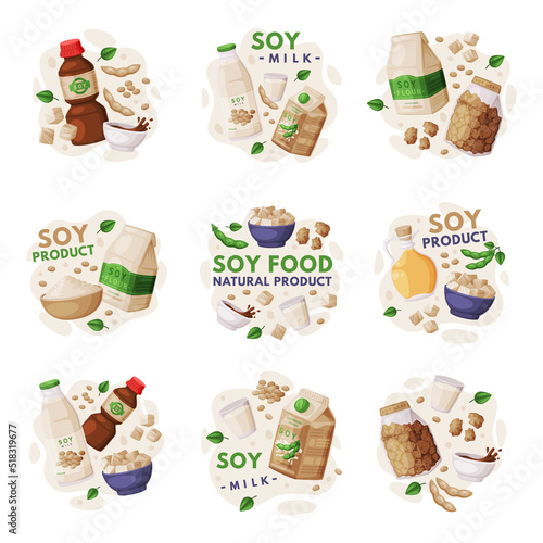 Composition with Soy Products from Soybean Plant with Soy Meat, Oil and Milk Vector Set