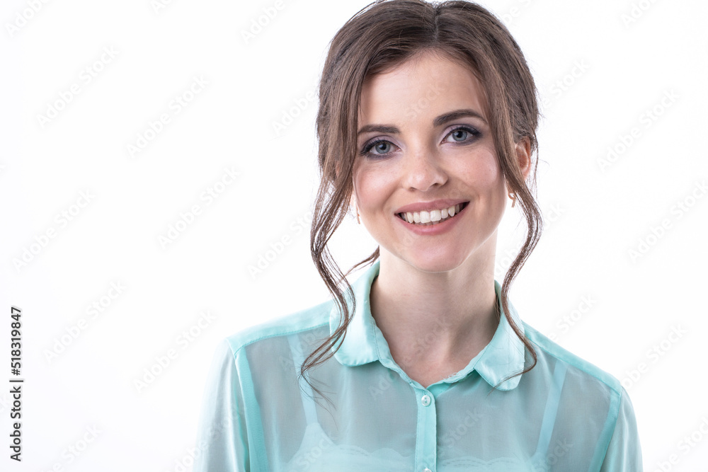 Close up portrait of beautiful woman laughing on white Close up portrait of beautiful woman laughing on white