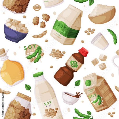 Soy Products from Soybean Plant with Soy Meat, Oil in Jar and Milk Vector Seamless Pattern