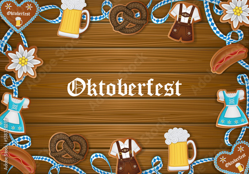 Oktoberfest poster with gingerbread cookies and ribbon on wooden background