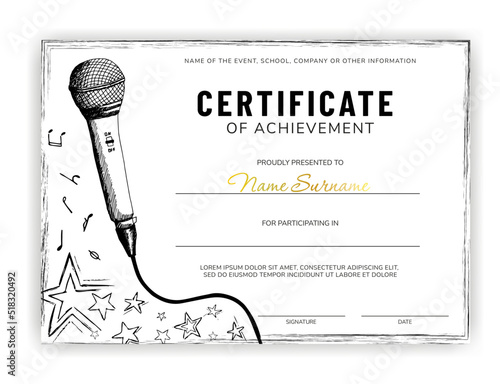 Certificate of achievement in music competition. Award for vocal attainment. Acknowledgement of success. Improvement of vocal skills. Vector.