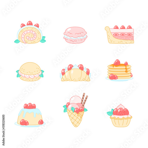 Set of strawberry desserts. Flat cartoon illustration of summer berry desserts like pancakes, macaroon, croissant, ice cream, panna cotta etc. isolated on a white background. Vector 10 EPS.
