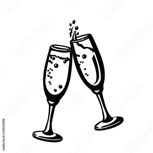 glasses with sparkling wine, champagne silhouette illustration