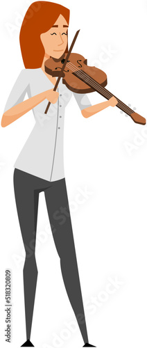 Musician playing violin. Girl violinist play classical musical instrument standing on white background. Vector illustration street musician passionate about music and notes, classical orchestra artist