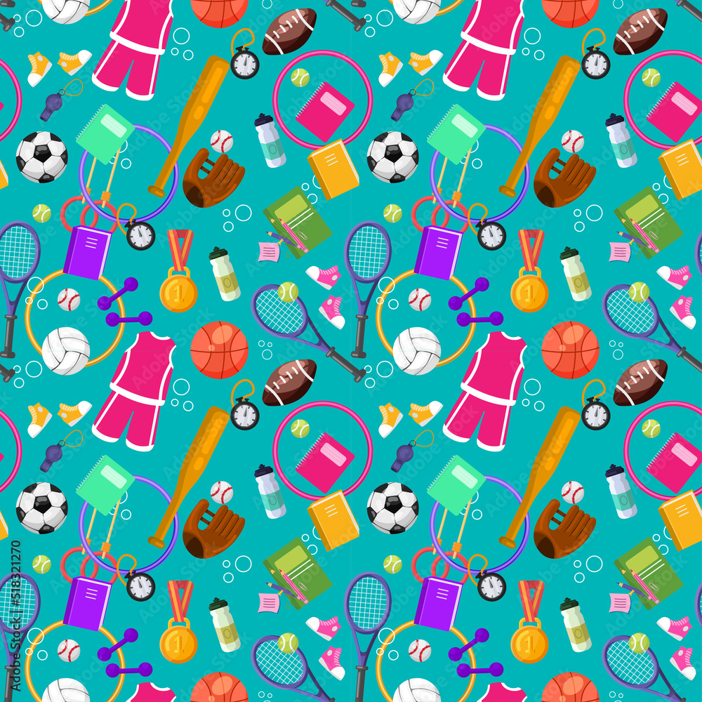 colorful seamless pattern on the theme of sports with tennis rackets, baseball, basketball, volleyball and football