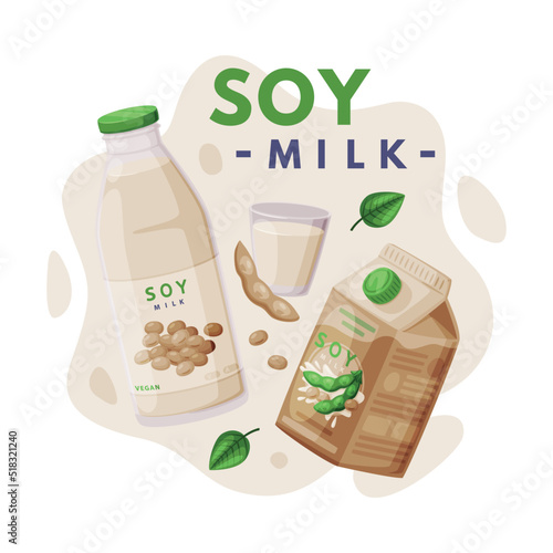Natural Soy Product from Soybean Plant with Milk in Carton and Bottle Vector Composition