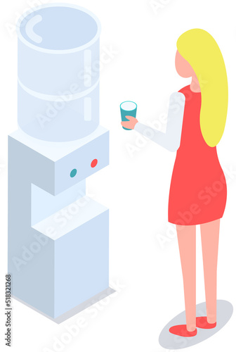 Woman stands near cooler for water cooling and heating. Equipment for serving hot and cold drinks. Office worker drinking water from modern device. Female employee and cooler vector illustration