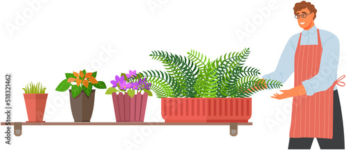 Gardening, horticulture, planting, greening concept. Home growing flowers and herbs. Horticulturist, grower takes care of plants in flowerpots. Man working with houseplants vector illustration