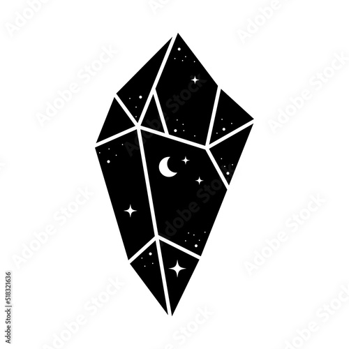 Black celestial crystal icon. Astrology crystals with ctars and moon. Mystical tshirt print. Magic celestial element.