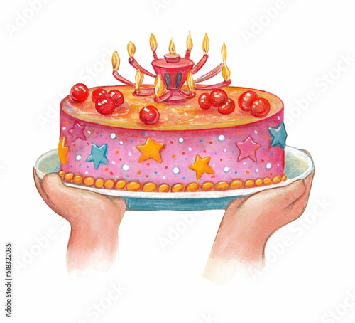 Watercolor illustration. Hands holding a colorful children's cake. Clipart on a white background.