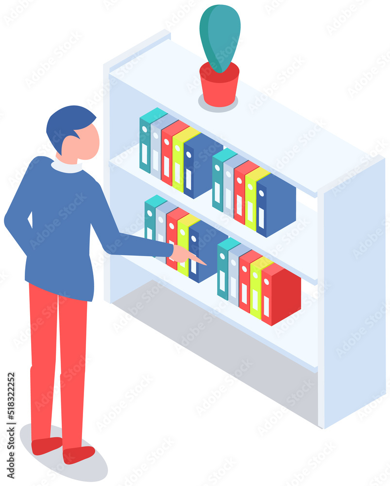 Student taking book at library vector icon bookcase. Male person study at school, college or university reading room. Man at bookstore standing near bookshelf with stacks of books isolated on white