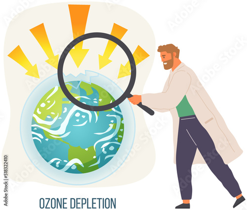 Global warming, climate change concept. Scientist with magnifying glass studies ozone layer depletion. Man makes analysis of ecology and environment of planet. Scientific study of Earth ozone layer