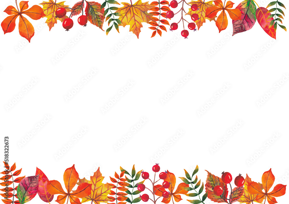 Watercolor autumn frame berries and leaves hand drawn for décor. Text place. Isolated on white background. Watercolor autumn frame berries and leaves hand drawn for décor. Text place. Isolated on white background.
