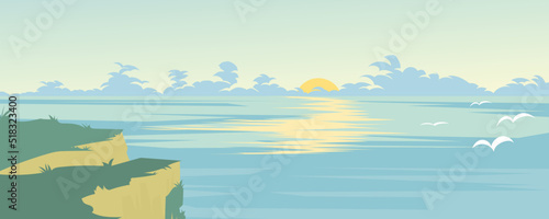 sea ​​landscape at sunrise with clouds in the background of the sea in summer Templates for book cover designs, web backgrounds, posters, landscapes, and presentations.