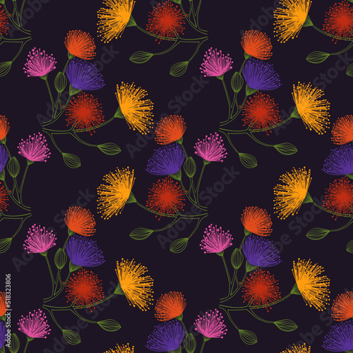 Hand drawn colorful vector seamless pattern of imaginary flowers