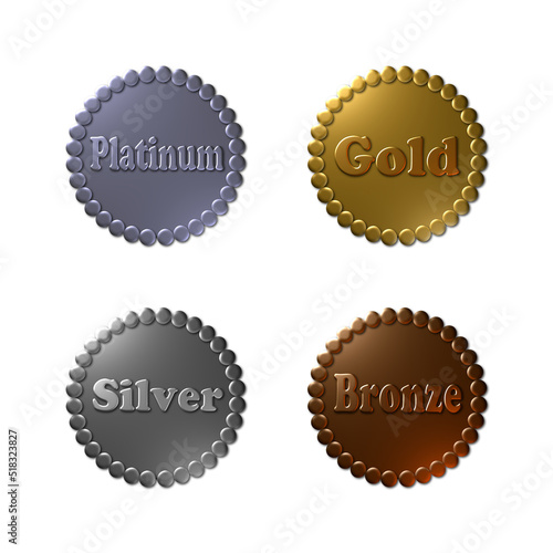 A set of 4 - 3D rendered illustrations of smooth metallic seals consisting of circles in platinum, gold, silver and bronze texture, isolated on a white background.