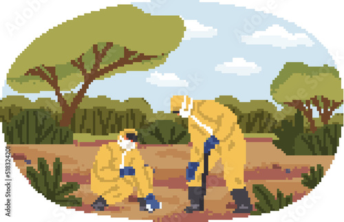 People in uniform explore nature, ground. Researchers take samples of biomaterial. Environmental and ecology research. Scientists in protective clothes conduct ecological experiment in forest or park