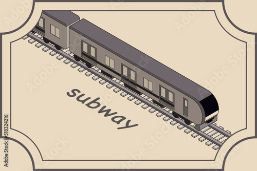 フレームで囲ったレールの上を走るアイソメトリックな地下鉄のモノクロイラスト、コピースペース あり.
