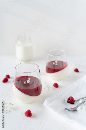 Italian dessert with raspberries. Creamy panna cotta with berry confit. White background with dessert. Gypsophila decoration.