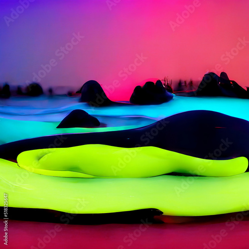 futuristic neon 3D landscape with liquid shapes, glowing fluid shapes. Modern 3d fluid design