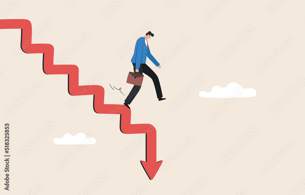 Stock market decline. .Investment risk and volatility. financial risk. effect of inflation. Business investors walk down the stairs with falling arrows.