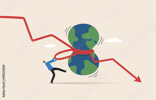World economic recession. Inflation crisis affects asset prices. Global Health Crisis. .currency slump including the stock market. The red arrow graph falls into the world.