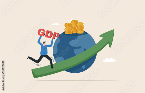 Gross Domestic Product Growth  or GDP.  Arrow chart with globe, stacks of money, happy tiny professional. Businessman running on green arrow graph.