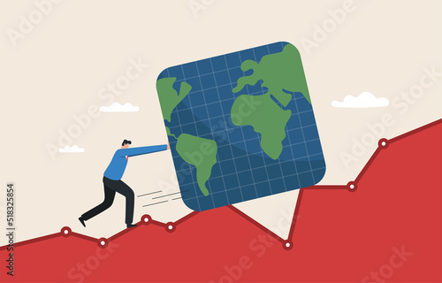Global economic slowdown. Global GDP growth declining or sluggish. Businessman pushing a slow moving square world through the economic graph.