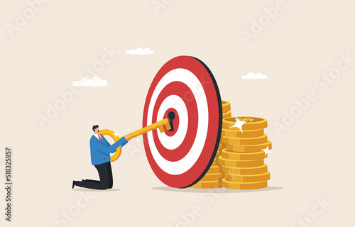 Keys to Financial Success. Build wealth and prosperity. Financial knowledge. Businessman putting key into bullseye target key hold to unlock money assets.