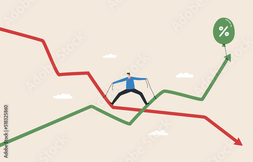 Economic downturn and Inflation. slowing or worse as inflation rises. stock market slump. .World economy recession. Businessman tries to pull the graph up with a rope.