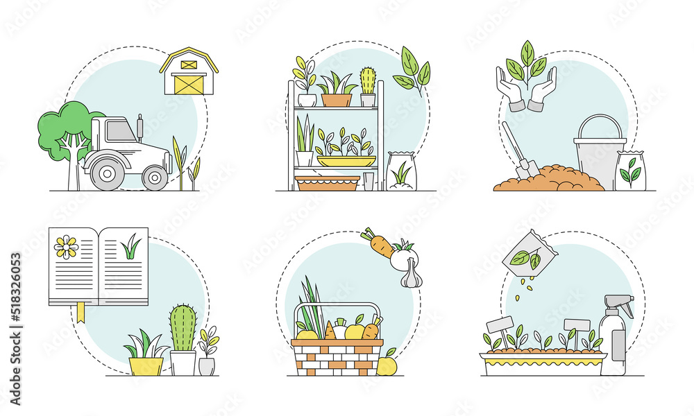 Growing plants set. Ground processing and sprouts care. Agriculture, farming and gardening, vector illustration