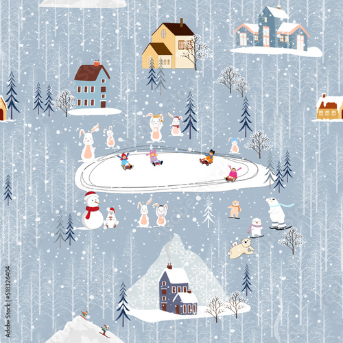 Seamless pattern Winter, Christmas landscape in the town with pine tree,fairy tale house,kids,polar bear playing ice skate,Vector cute cartoon design Village on Christmas eve,New year 2023 background