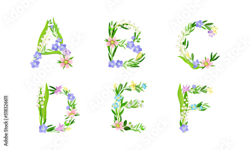 Floral alphabet. A,B,C,D,E,F letters made of spring flowers and leaves vector illustration