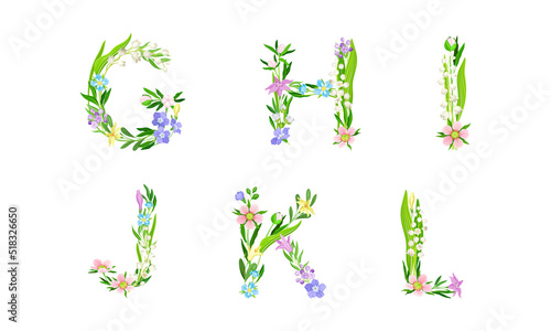 Floral alphabet. G,H,I,J,K,L letters made of spring flowers and leaves vector illustration