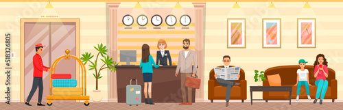 People traveling and staying at hotel with luggage. Happy holiday vacation, recreation concept. Tourist at reception counter. Set of hotel daily routine scenes. Facility staff services visitors, helps